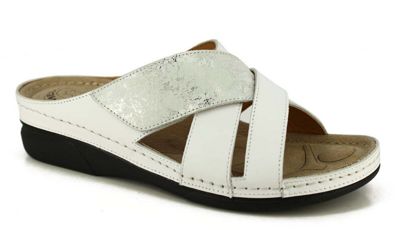Dámske kožené letné šľapky "MEDIC-O" vzor 390-6180 White-Silver